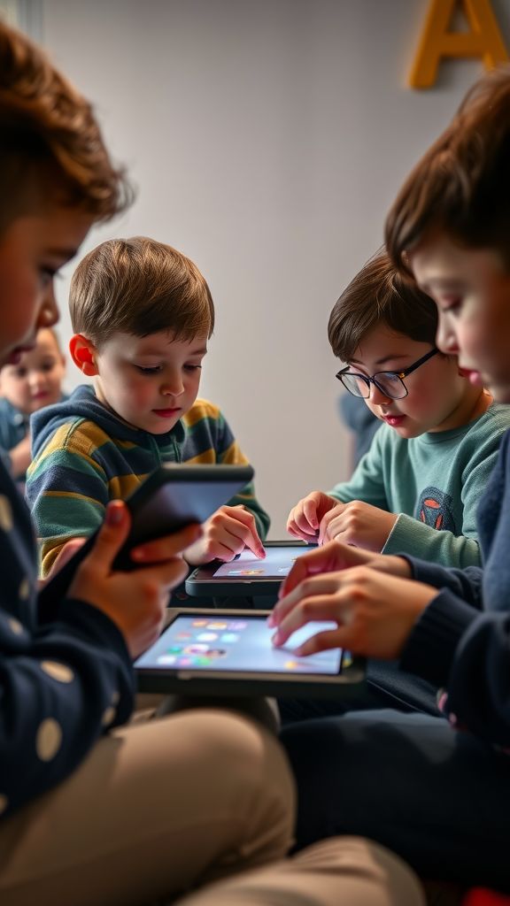 초등학생 스마트폰 사용 - 아이들이 함께 태블릿과 휴대폰을 사용하는 모습