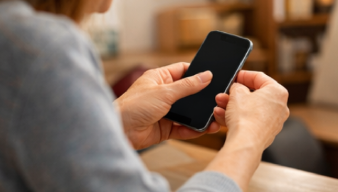 어르신이 효도폰 기본 설정을 확인하는 모습