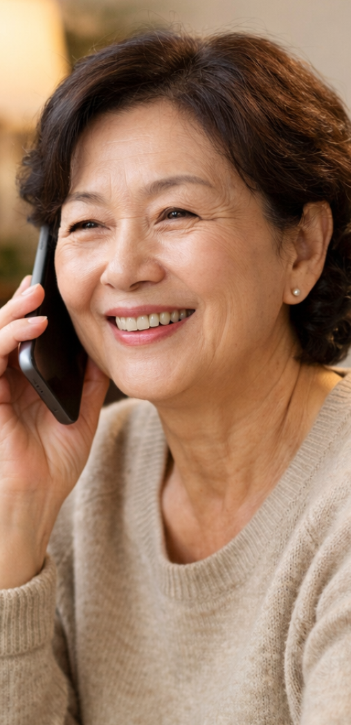 어르신이 효도폰으로 편하게 통화하며 환하게 웃는 모습