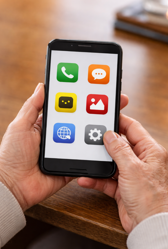 어르신용 효도폰 심플 메뉴 인터페이스, 큰 아이콘으로 구성된 홈 화면