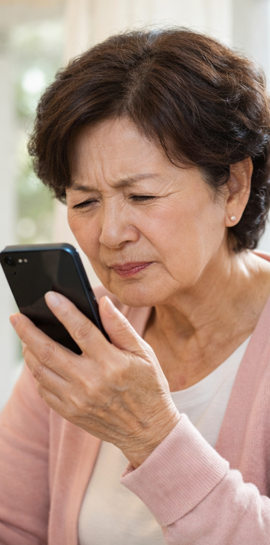 어르신이 스마트폰 화면을 가까이 들여다보는 모습, 효도폰 글씨 크기 중요성
