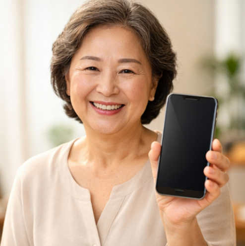 여성 어르신이 갤럭시 효도폰을 들고 환하게 웃는 모습