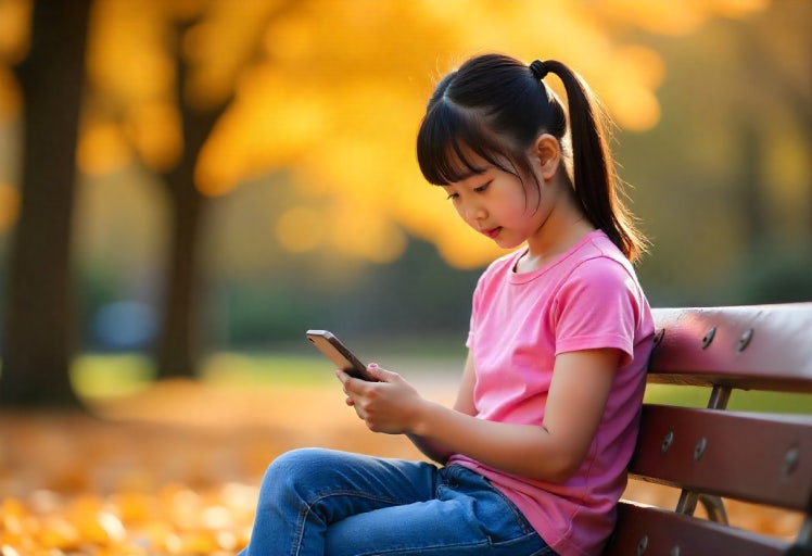 초등학생 휴대폰 사용 시기 - 공원 벤치에 앉아 스마트폰을 사용하는 초등학생 모습