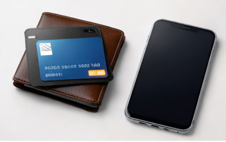  지갑과 스마트폰이 나란히 놓인 모습, 효도폰 저렴한 요금제 비교