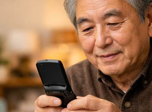 남성 어르신이 폴더폰 효도폰을 사용하는 모습